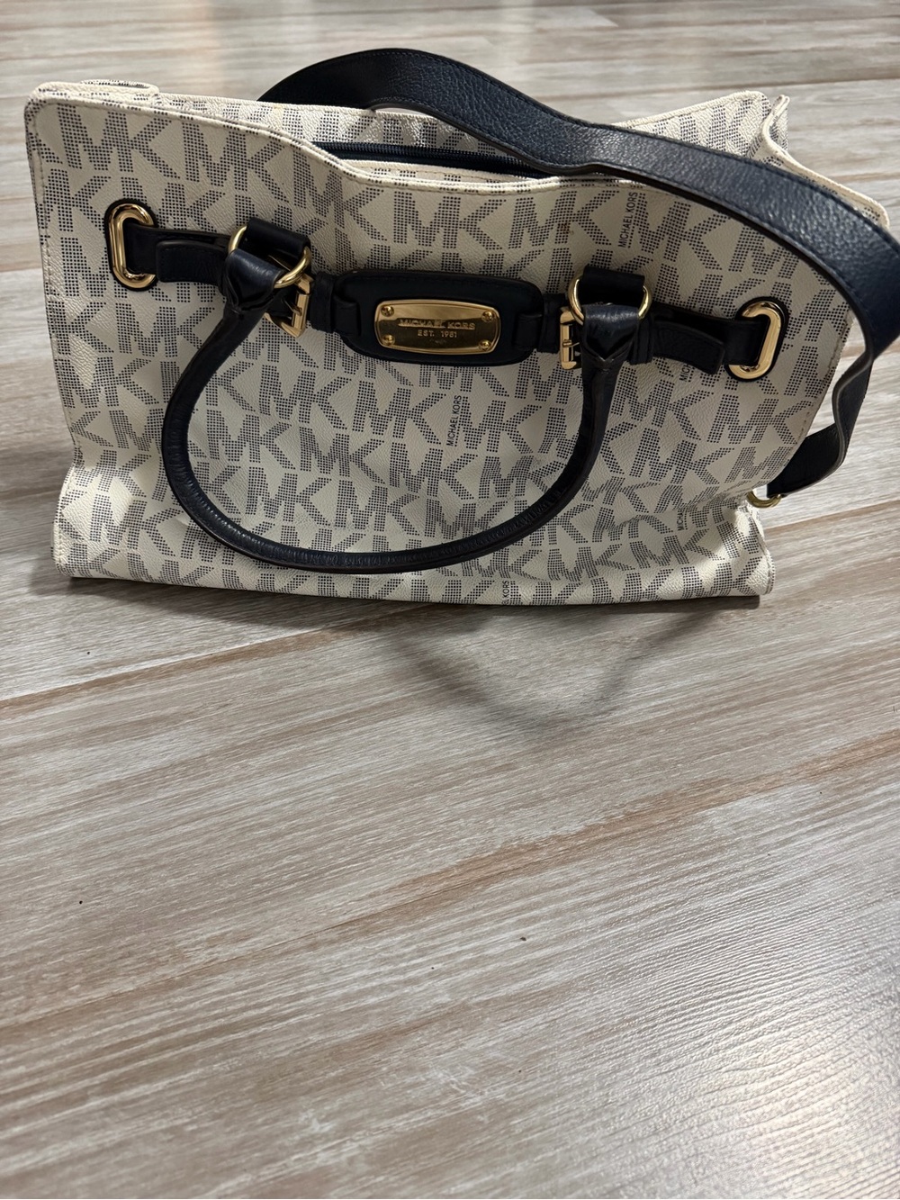 Michael Kors White Logo Canvas Satchel with Navy Trim